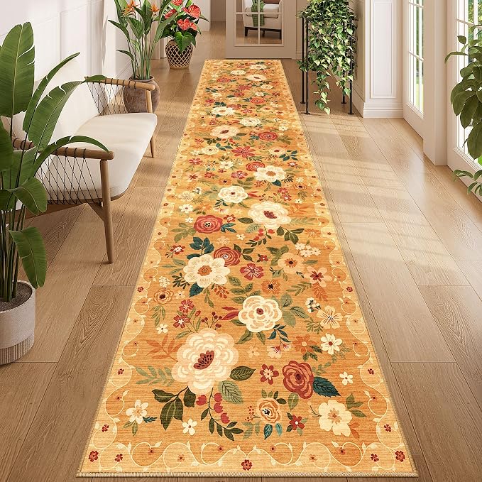 DUKINO 2.6x12 Kitchen Runner Rug, Lightweight Floral Washable Rug