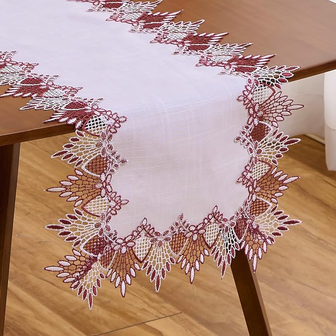 White Linen Lace Table Runners, Dresser Scarf | Red White Lace edge, Wedding