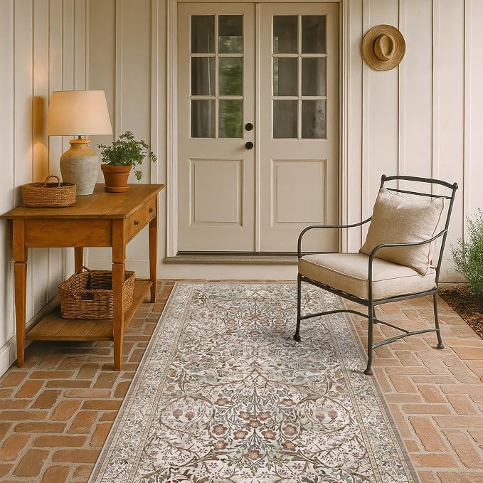 Vintage Moss Green Entryway Rug, 3x5 Washable Area Rugs