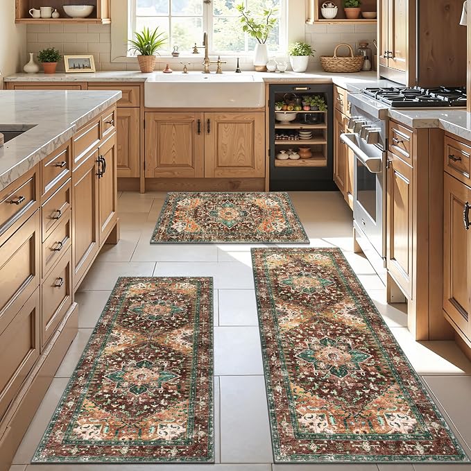 Yamaziot Washable Kitchen Runner Rug Set of 3, Non-Slip Boho Vintage Hallway