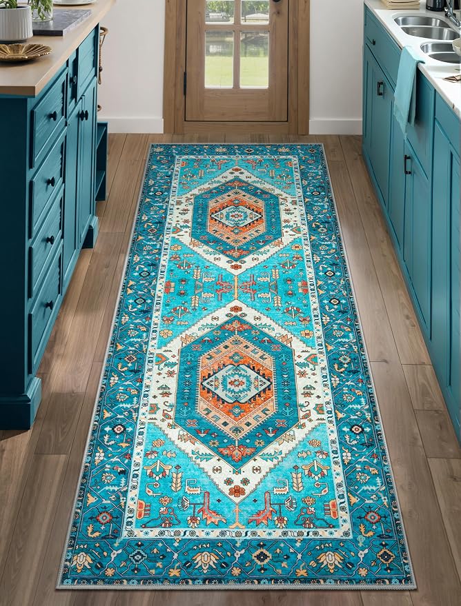 SERISSA Boho Washable Runner Rug, 2x5 Rug Runner Non-Slip Vintage Blue Hallway