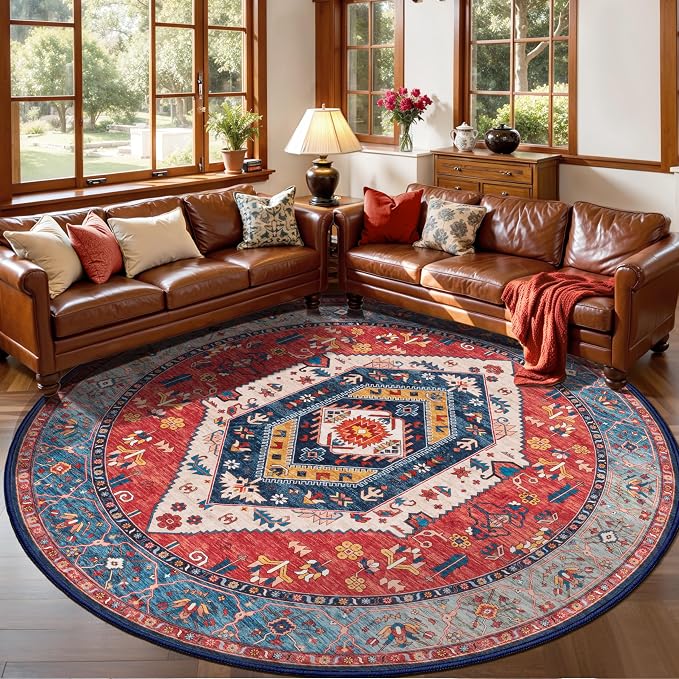 SERISSA Boho Round Area Rug, 5ft Washable Non-Slip Circle Rug, Ultra Soft