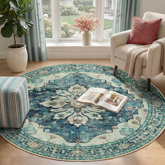 RELEANY Area Rugs Round 4ft Washable Non-Slip, Floral Vintage Distress