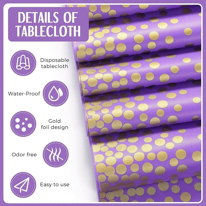 24 Pack Purple and Gold Disposable Plastic Tablecloths and Satin Table Runner