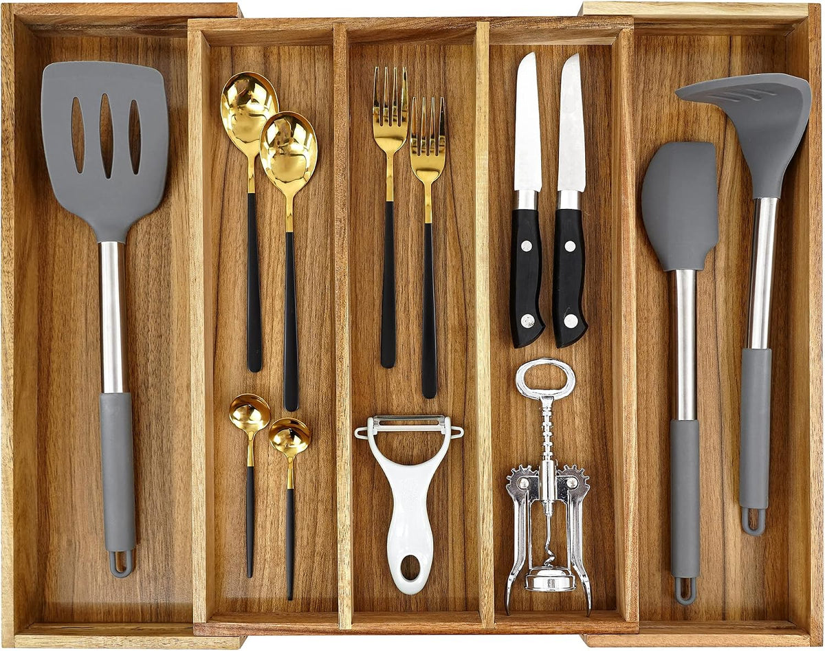 EcoFives Luxury Acacia Silverware Organizer -Kitchen Drawer Organizer - Utensil Holder and Cutlery Organizer with Grooved Drawer Dividers for Flatware and Kitchen Utensils (5 Slot)
