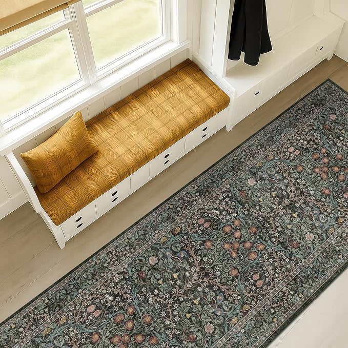 Dark Green Washable 2x8 Runner Rug Non Slip