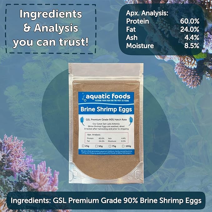 Aquatic Foods Inc. Brine Shrimp Artemia Eggs, Premium Grade 90% Hatch Rate from The Great Salt Lake, Utah, USA.- 50 Grams -1.76oz