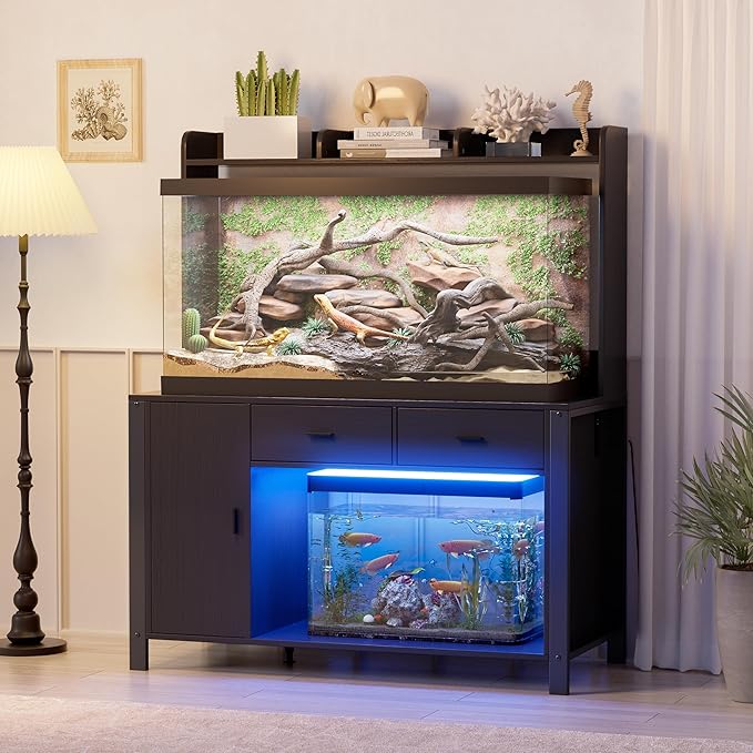 PAKASEPT 120 Gallon Reptile Tank Stand with LED Lights & Power Outlet,4x2x2 Large Reptile Terrarium Enclosure Stand with Storage Cabinet, for Bearded Dragons, Snakes, Lizards,Black