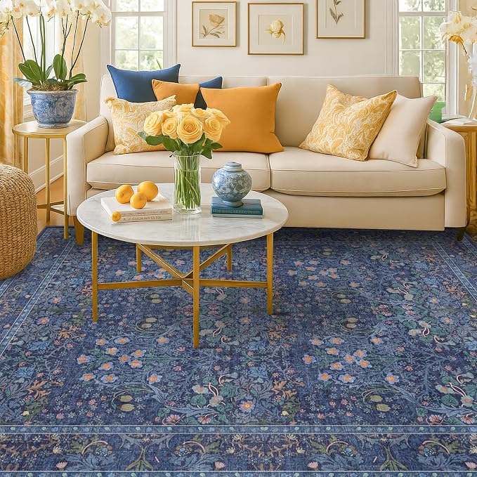 Vintage Dark Blue Living Room Rug 5x8 Area Rug