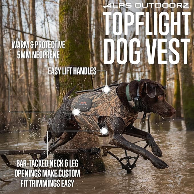 ALPS OutdoorZ Topflight Dog Vest, Dog Hunting Vest with 5mm Neoprene for Warmth, Contoured Neck Design, Buoyancy Flotation Pads, Easy Lift Handles, and Leash Clip, XX-Large - Realtree MAX-7