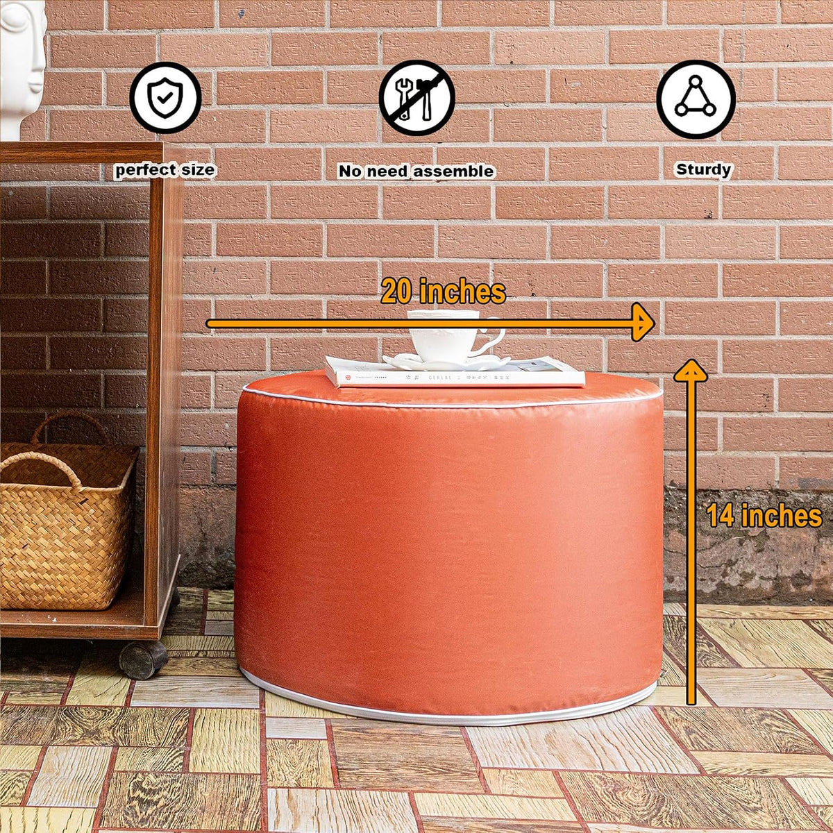 Multipurpose Outdoor Ottoman for Patio 20x14 Inches, Backyard, Additional Seating, Footrest, Side Table,Outdoor Patio Bean Bag Ottoman (Burnt Orange, Round)