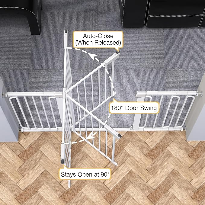 Cumbor 29.7-57" Extra Wide Baby Gate for Stairs, Mom's Choice Awards Winner-Dog Gate for Doorways, Pressure Mounted Walk Through Safety Child Gate for Kids Toddler, Tall Pet Puppy Fence Gate, White