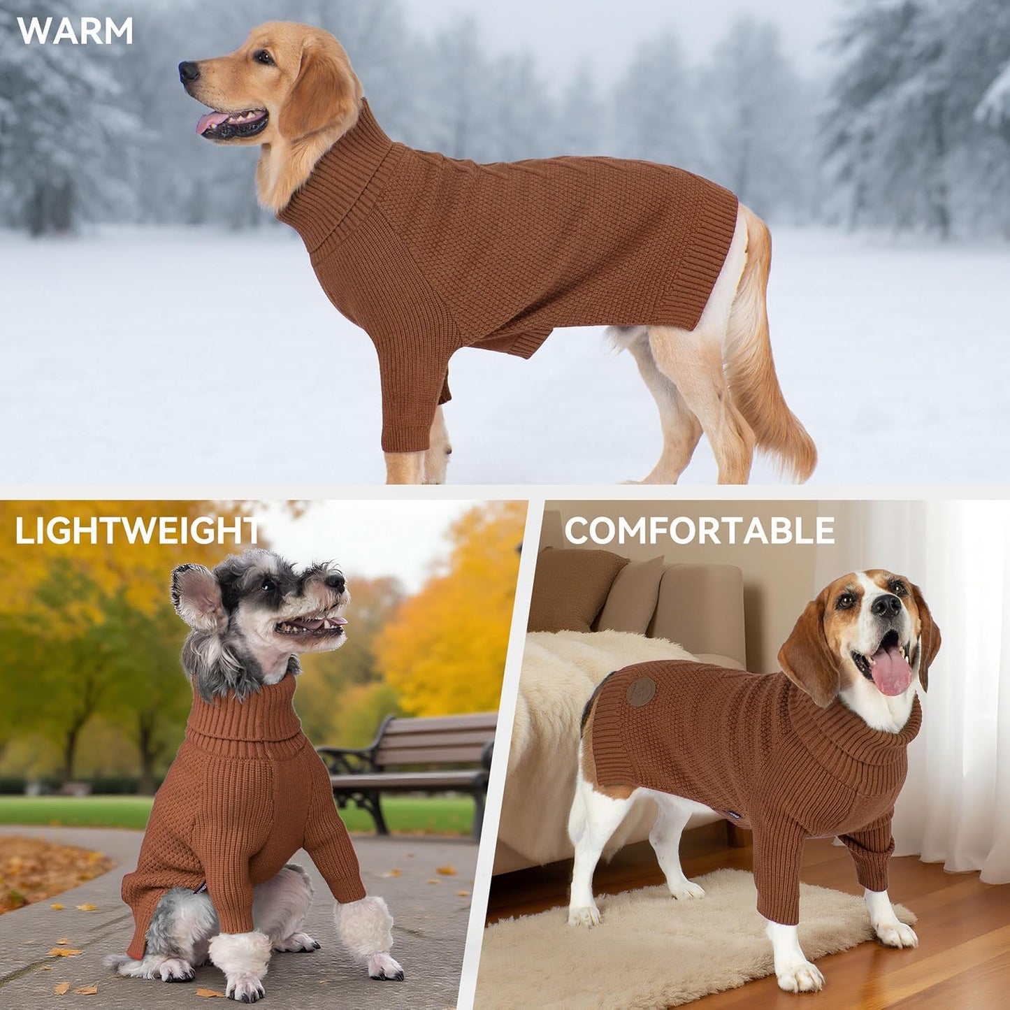 cyeollo Dog Sweaters for Medium Dogs Boy, Stretchy Warm Turtleneck Doggy Clothes for Fall Winter, Thermal Knit Pet Apparel with Sleeves, Brown XL