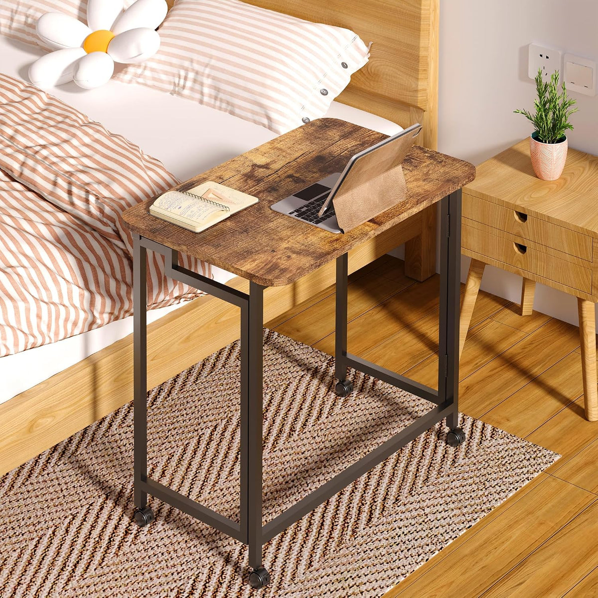 4NM 23.6" Mobile Small Rolling Computer Desk, Folding Laptop Cart Table with Wheels, Portable Office Desk for Small Space Couch Bed - Rustic Brown and Black