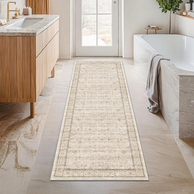Long Ivory Farmhouse Hallway 2'6''x8' Runner Rug, Washable Non Slip Runner