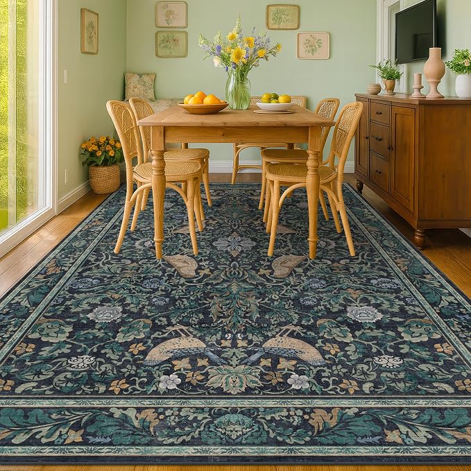 Boho Living Room Rug, 7x10 Floral & Bird Pattern Area Rug