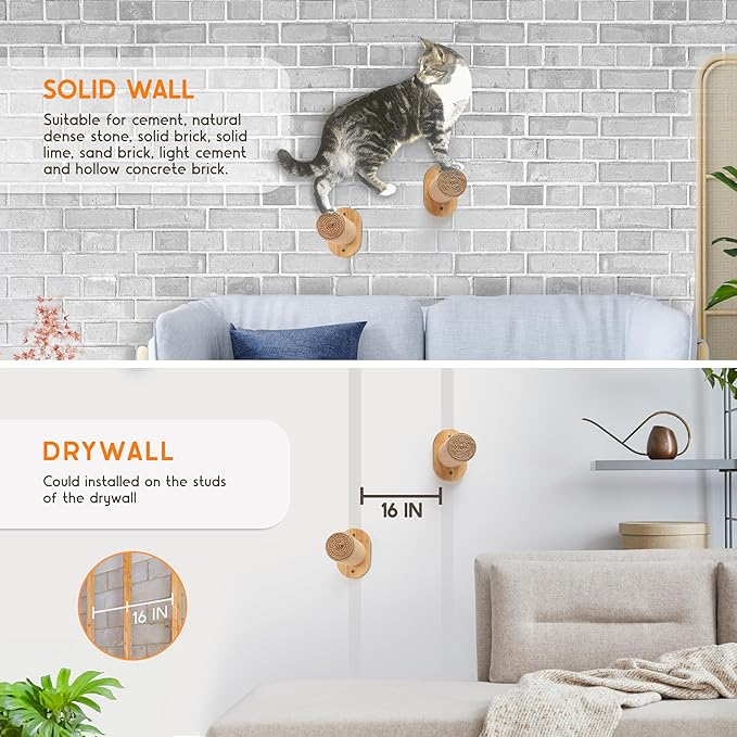 2-Pack Cat Wall Steps - Wooden Cat Shelves for Wall Mounting, Wall Shelves and Perches for Kittens & Adult Cats - Wall Furniture Set with Jute Rope for Scratching, Kneading, Climbing.
