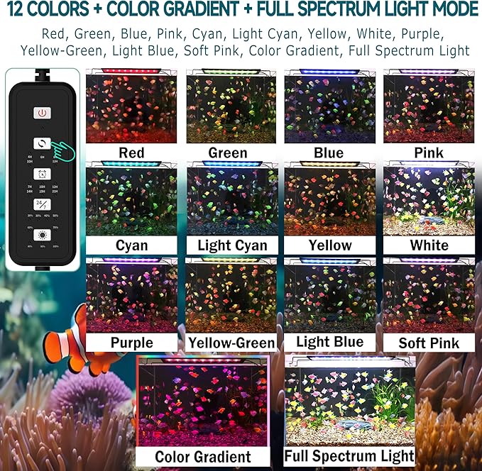 24/7 Mode LED Aquarium Light for 24-30 Inch Plant & Fish Tank, IP68 Full Spectrum Light, Sunrise-Daylight-Moonlight, White Red Green Blue Pink LEDs with Extendable Brackets for Freshwater