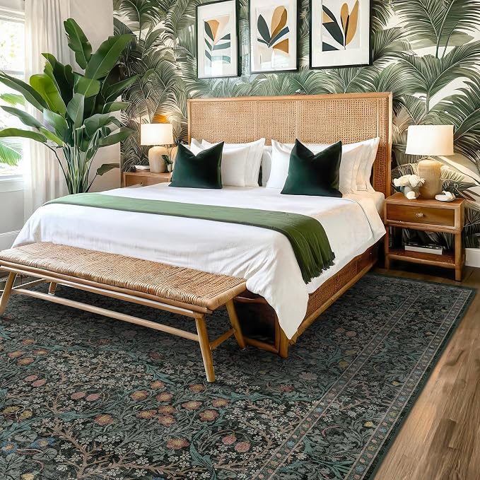 Washable Vintage 5x8 Living Room Rug, Dark Green Floral Area Rug