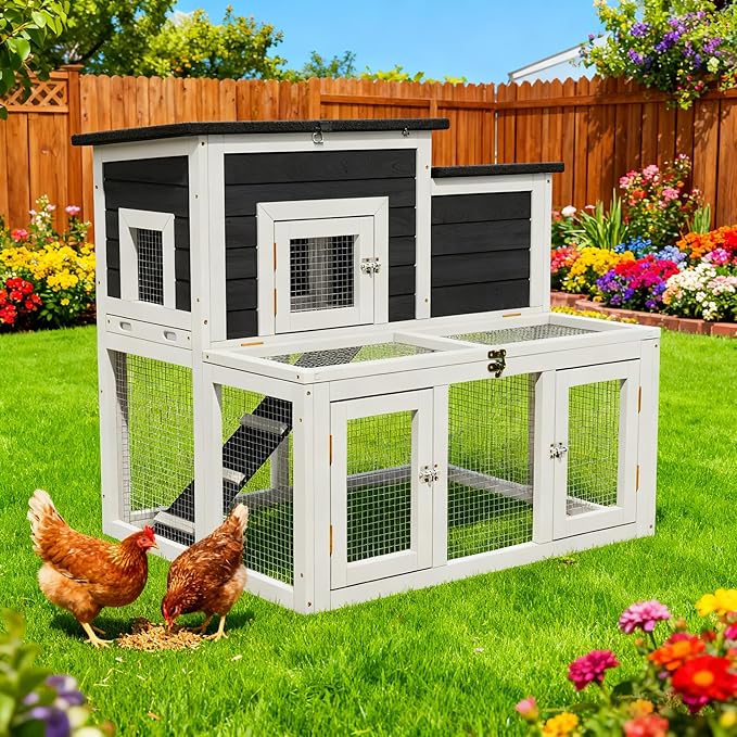 Outdoor Chicken Coops for 2-4 Chickens, All Weather Used Wooden Quail Cage Duck Coop Outdoor with Asphalt Roof, Ramp Openable Top Pull-Out Tray for Small Animals (White2)