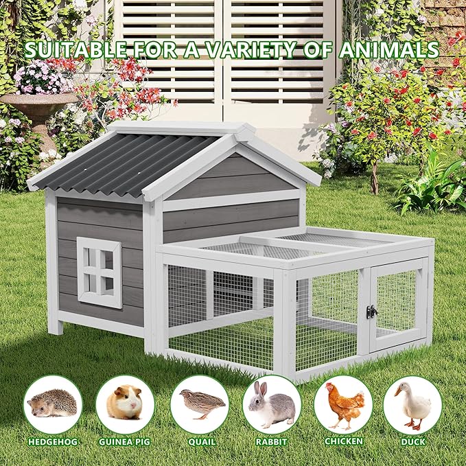 Small Rabbit Hutch Wooden Easy to Assemble and Stable Bunny Cage with Waterproof Roof Indoor and Outdoor for Indoor and Backyard use Bunny Rabbit Chick (White)