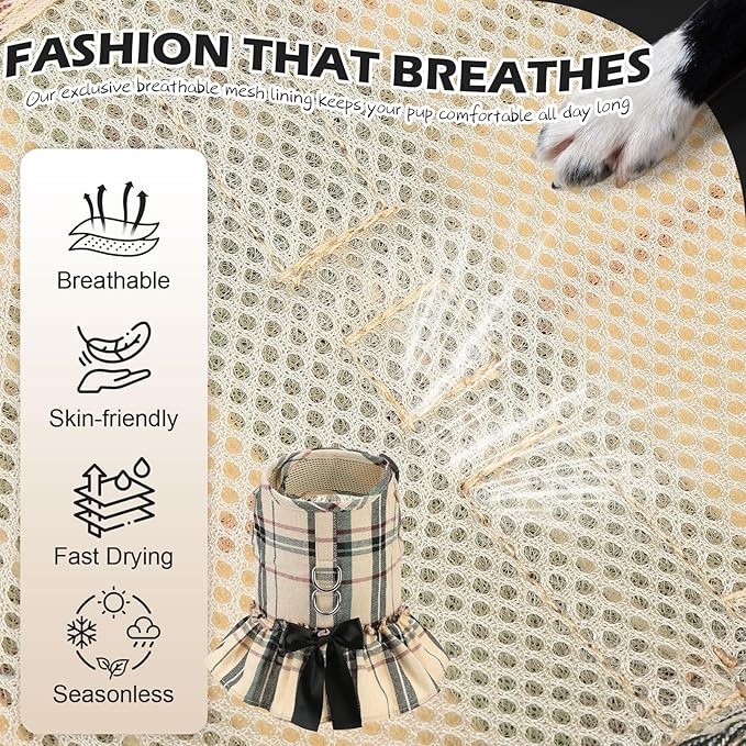 EXPAWLORER Dog Harness Small Medium Sized Dogs, Plaid Dog Dress Bowknot Harness and Leash Set, No Choke No Pull Soft Mesh Vest Cute Princess Puppy Outfits Clothes Costume for Girls Party Cats Beige XS