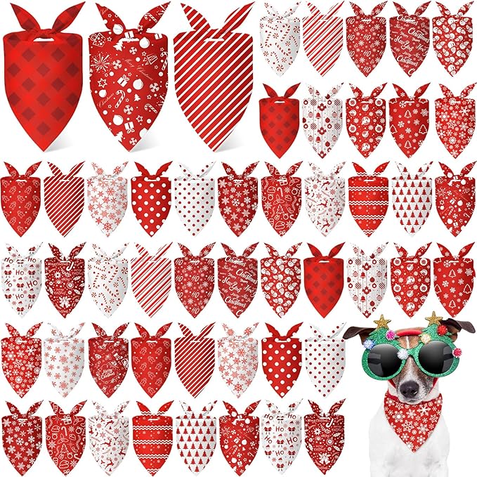 Abbylike 50 Pcs White and Red Dog Bandanas Bulk Polka Dots Stripes Snowflake Bandanas for Dog Triangle Kerchief Bibs Scarf for Pet Party Costume Photo Props Accessories, 25 Styles (25.6 x 17.7 x 17.7)