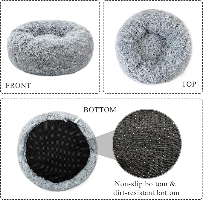 Calming Cat Bed, Soft Round Cuddler Dog Beds Fluffy Plush Faux Fur Pet Beds, Anit-Anxiety Self-Warming Comfy (20", Grey)