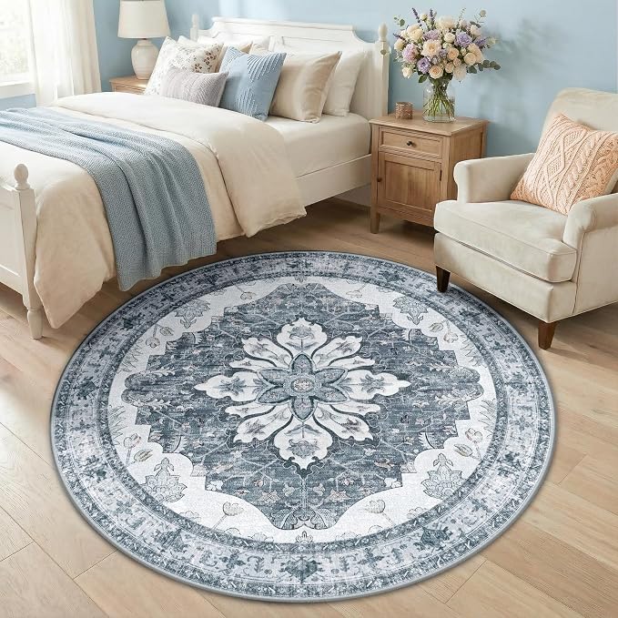 RELEANY Area Rugs Round 5ft Washable Non-Slip, Floral Vintage Distress