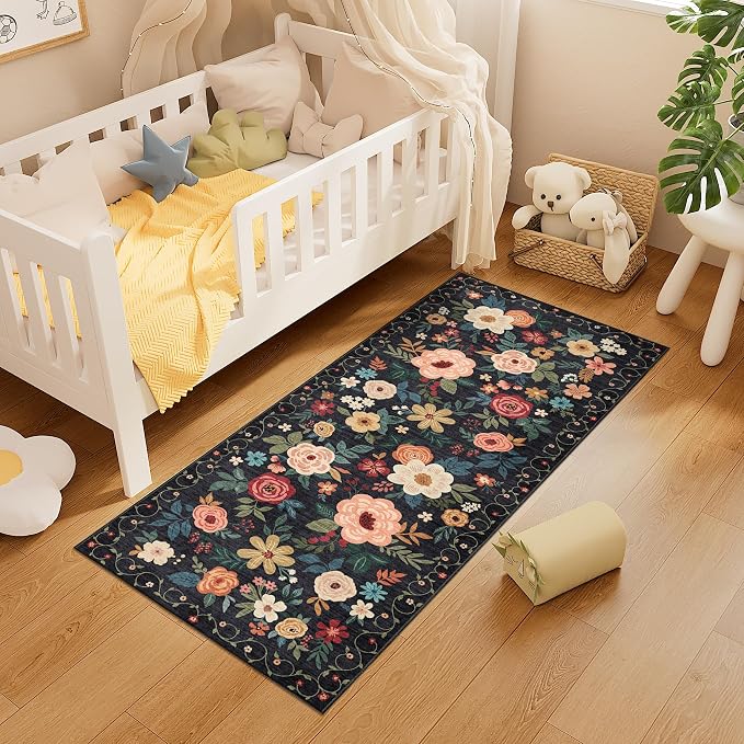 DUKINO 2x5 Runner Rug for Hallway, Washable Kitchen Floral Runner Rug