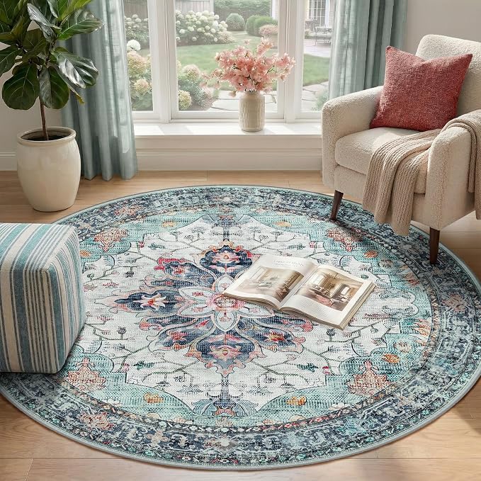 RELEANY Area Rugs Round 4ft Washable Non-Slip, Floral Vintage Distress