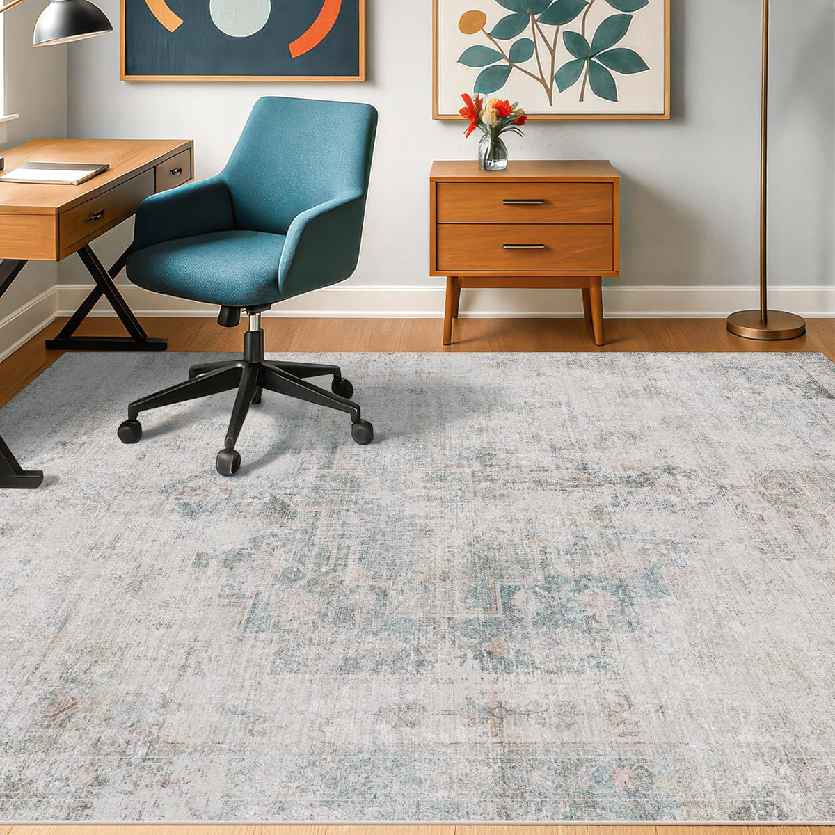Low Pile Office Rugs for Rolling Chairs - 5x7 Abstract Rugs for Living Room, Large Entryway, Cream Slate Blue Decor, Non Slip with Rubber Backed & Stain Resistant, Distressed Design
