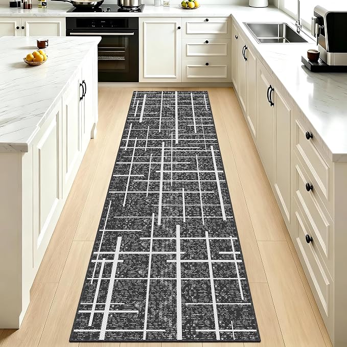 Non Slip Hallway Runner Rug 2x8, Modern Distressed Stripe, Washable Long Rug