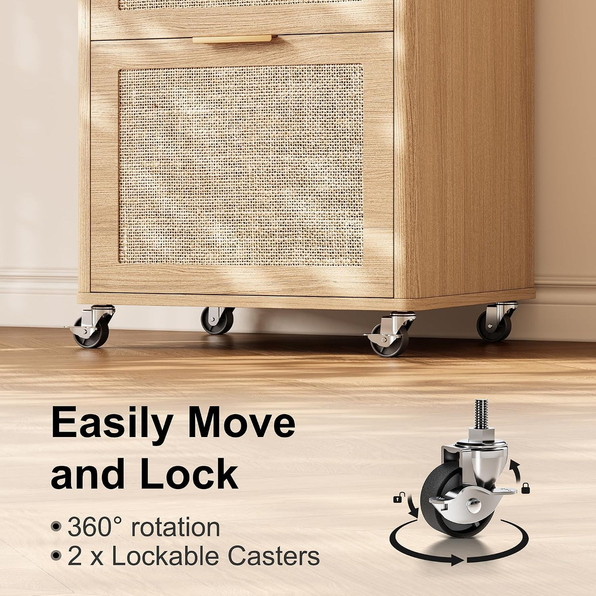 INNOD 3 Drawers Rattan Mobile File Cabinet with Lock, Rolling File Cabinet Printer Stand Table, Under Desk Wooden Filing Cabinets for Home Office Essentials Storage Organization Furniture Letters/A4
