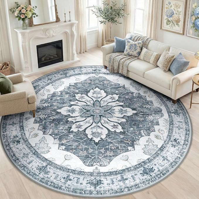 RELEANY Area Rugs Round 8ft Washable Non-Slip, Floral Vintage Distress