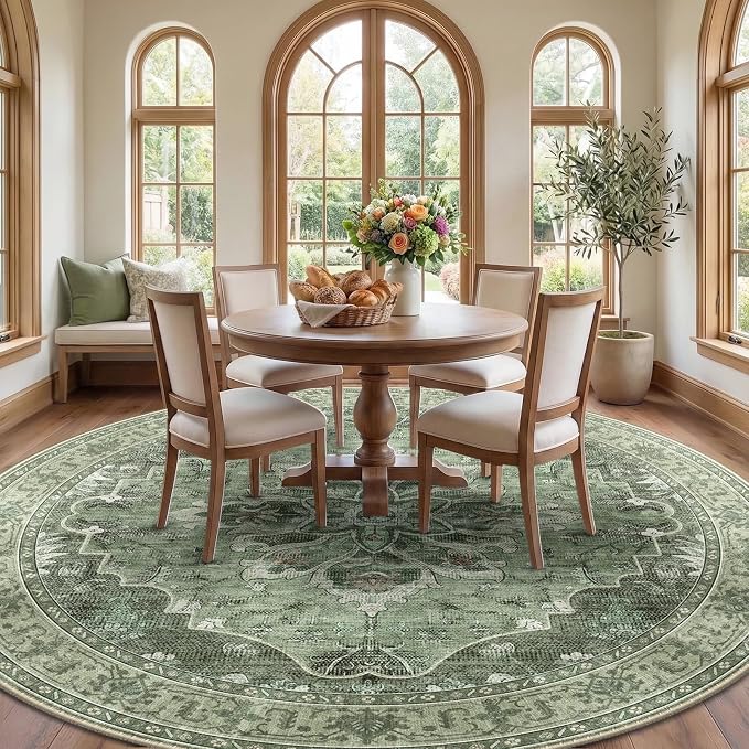 RELEANY Area Rugs Round 8ft Washable Non-Slip, Floral Vintage Distress