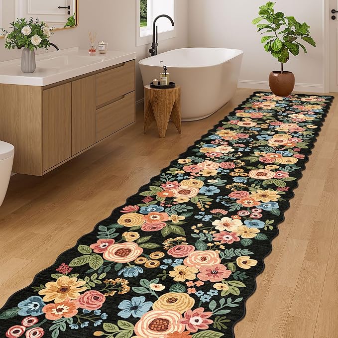DUKINO 2.6x12 Runner Rug for Hallway, Non Slip Floral Washable Kitchen Rug