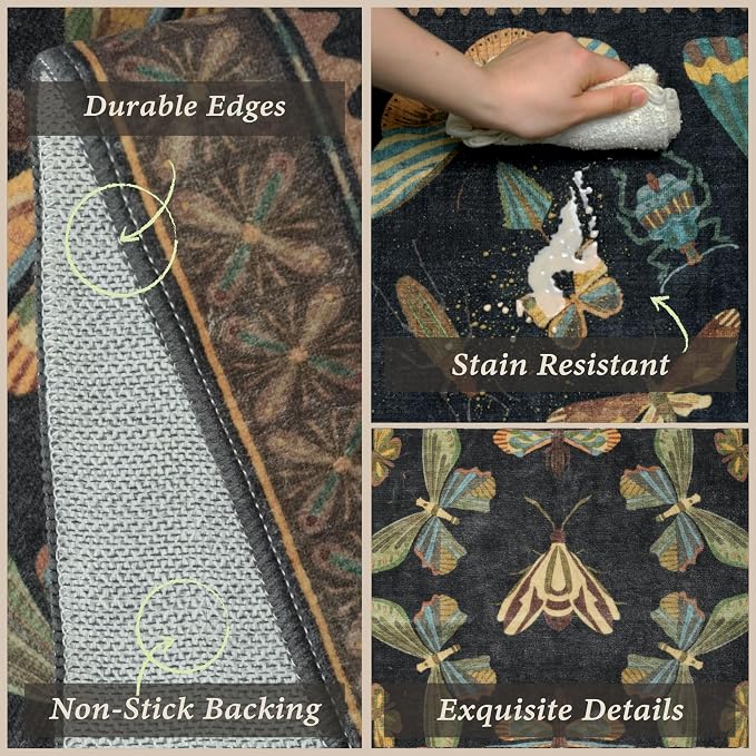 JTJ Insect Botanical Kitchen Rug Set 3 Piece, Vintage Whimsical Runner Rugs
