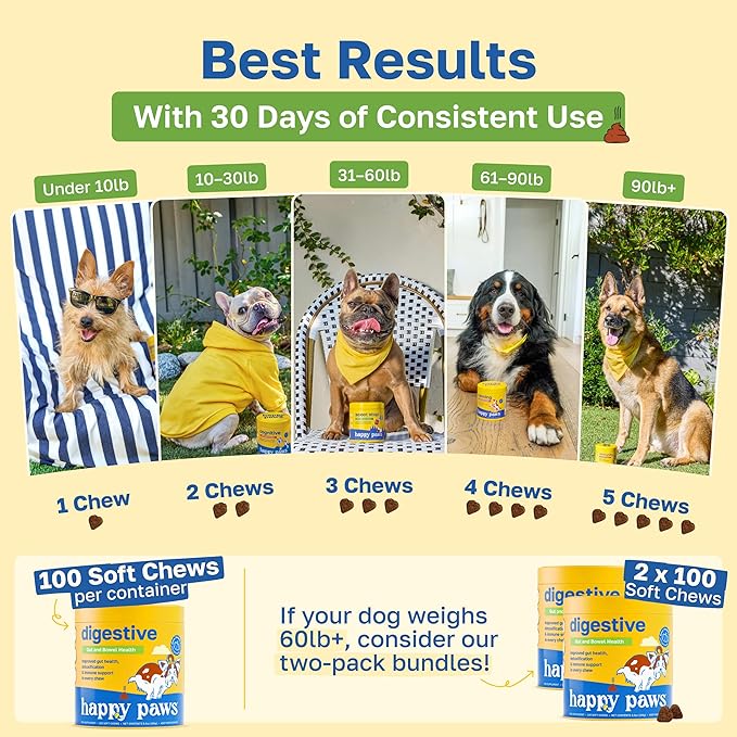 Happy Paws Digestive Supplement for Dogs, Supports Gut Health for Dogs of All Breeds & Ages, Made with Probiotics, Enzyme Blend & Ginger Root, Pumpkin Flavor, Organic, Non GMO, 100 Soft Chews