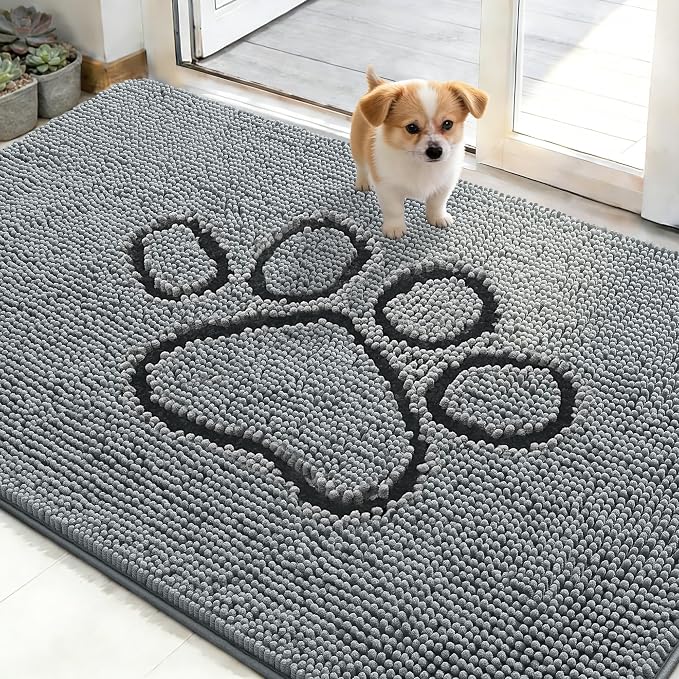 OLANLY Dog Door Mat for Muddy Paws 48x30, Paw Print Design, Absorbs Moisture