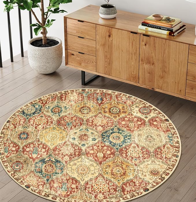 Lahome Moroccan Trellis Round Area Rugs, Washable Small Round Rug 3ft Non-Slip