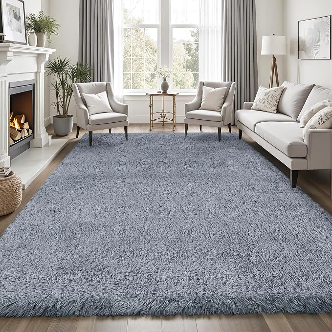 Area Rug for Living Room Bedroom: 8x10 Grey Soft Fluffy Shag Upgrade Non-Slip