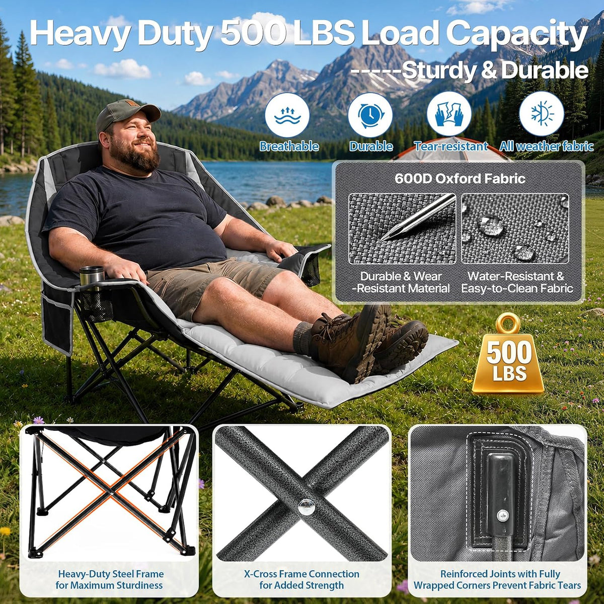 ZENPETIO Oversized Camping Chair with Footrest, 500 lbs Folding Camp Chairs