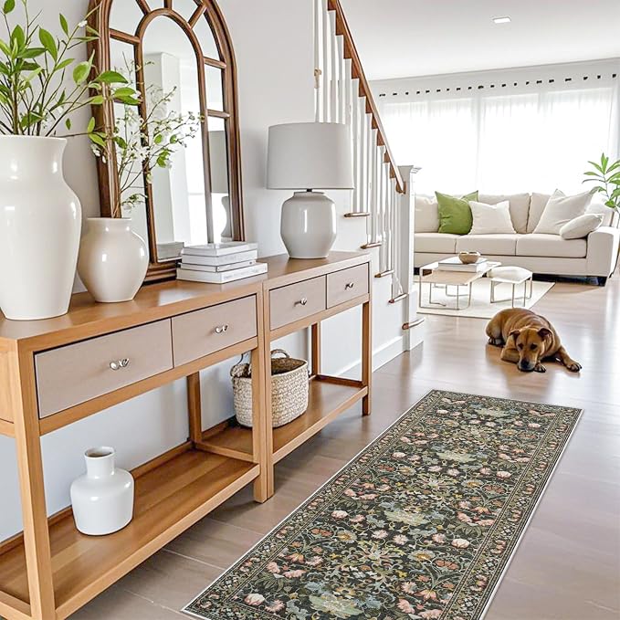 Hallway 2x5 Washable Runner Rug: Oriental Floral Stain Resistant Rug