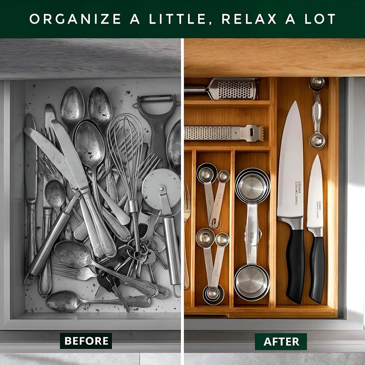 Bamboo Drawer Organizer, Expandable 8-Slot Silverware & Utensil Tray for Kitchen Drawers, Fits 13–19.5 Inch Drawers, Deep Compartments, Durable & Eco-Friendly Natural Bamboo