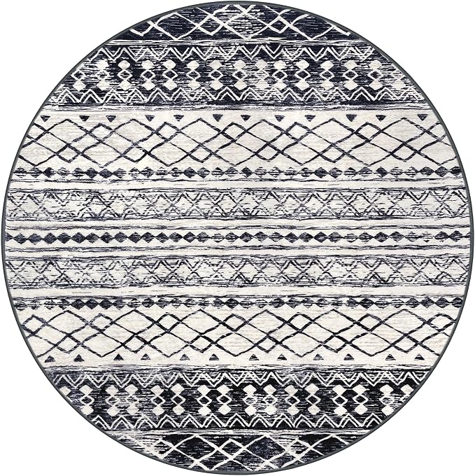 KUTA Round Washable Rug 3Ft Boho Black Navy Blue Entryway Rugs, Moroccan Foyer
