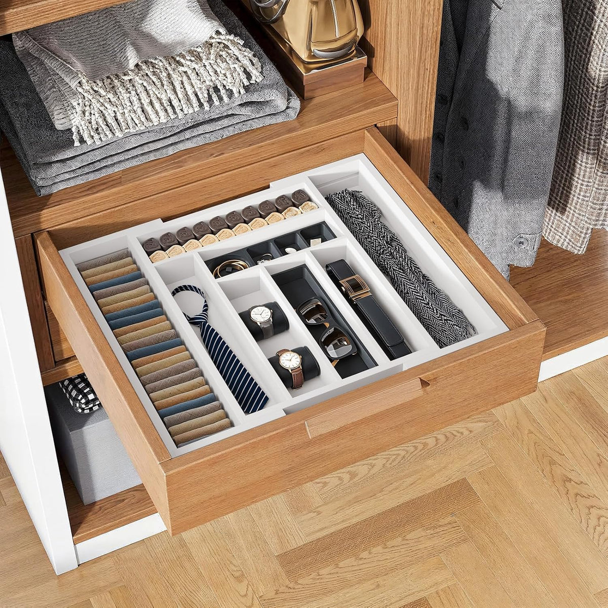 Pipishell Expandable Bamboo Silverware Drawer Organizer, White, Large