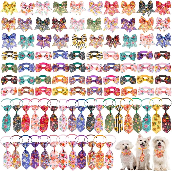 Reginary 100 Pieces Dog Bow Tie Collar Set Include 40 Dog Neckties, and 30 Puppy Bowties, 30 Collar Flowers, Adjustable Pet Ties Grooming for Small Medium Cats Pets Supply(Flower)