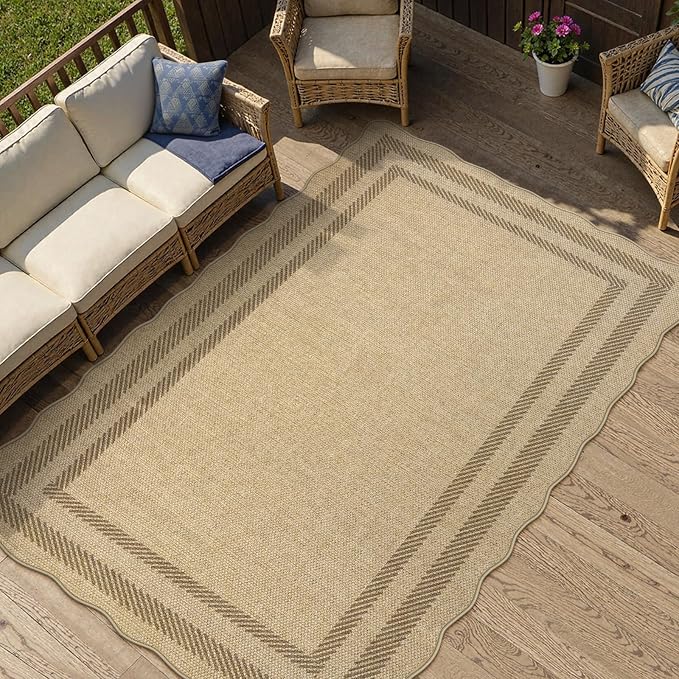 LIVEBOX Scalloped Easy Jute 3x5 Outdoor Rug, Washable Non-Slip Geometric Tan