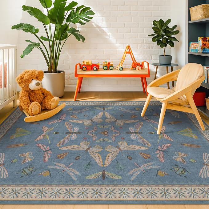 Blue Washable Kids Playroom Rug